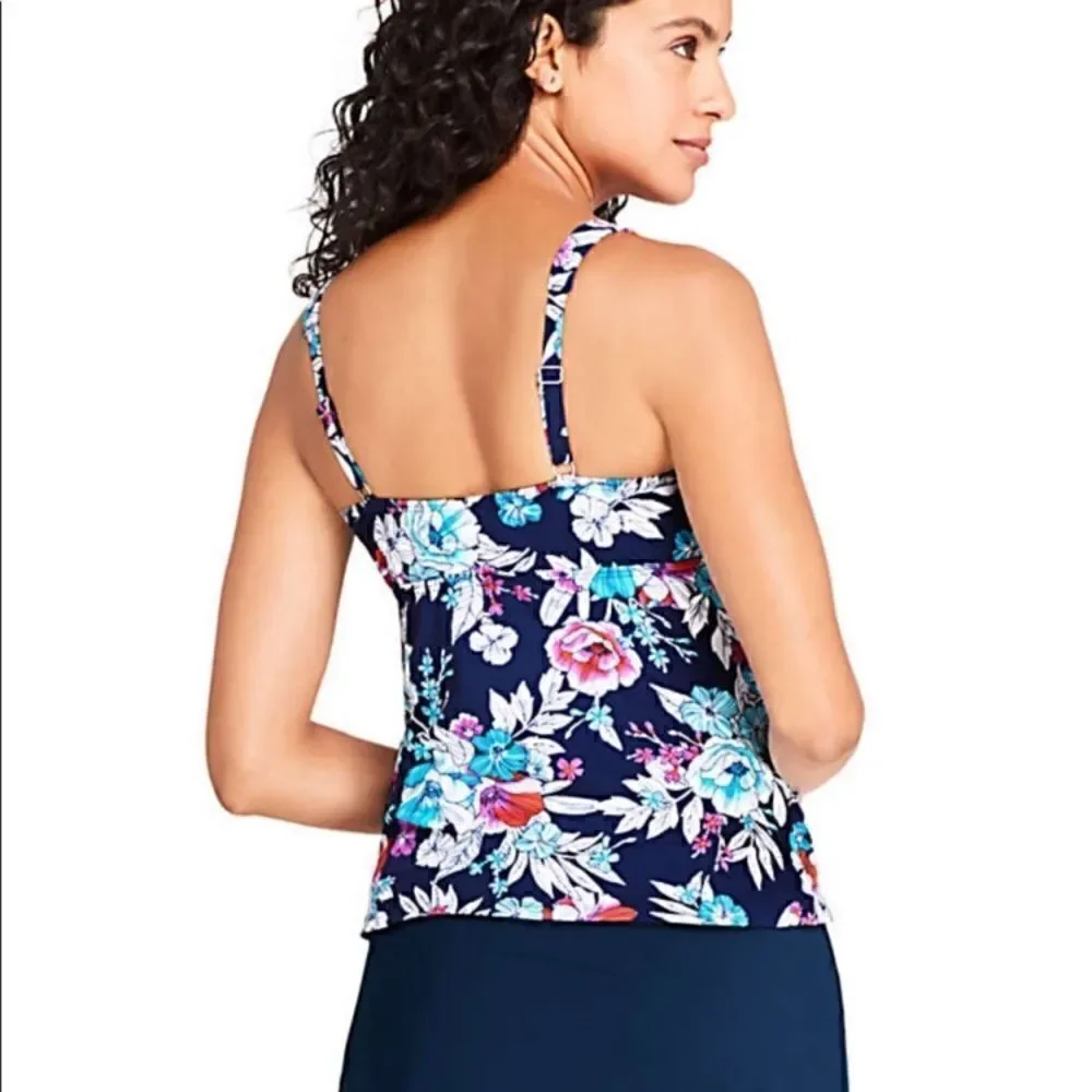 Land’s End Vneck Wrap tankini top navy blue hibiscus floral adjustable strap 4DD
